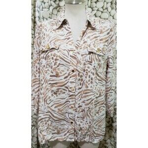 JM Collection Top Size 8 Linen Brown White Animal Print Gold Button Shirt